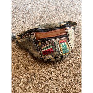 1980s Acid Washed Stone Washed Fanny Pack With Stamp Patches & Leather Trim Y2k